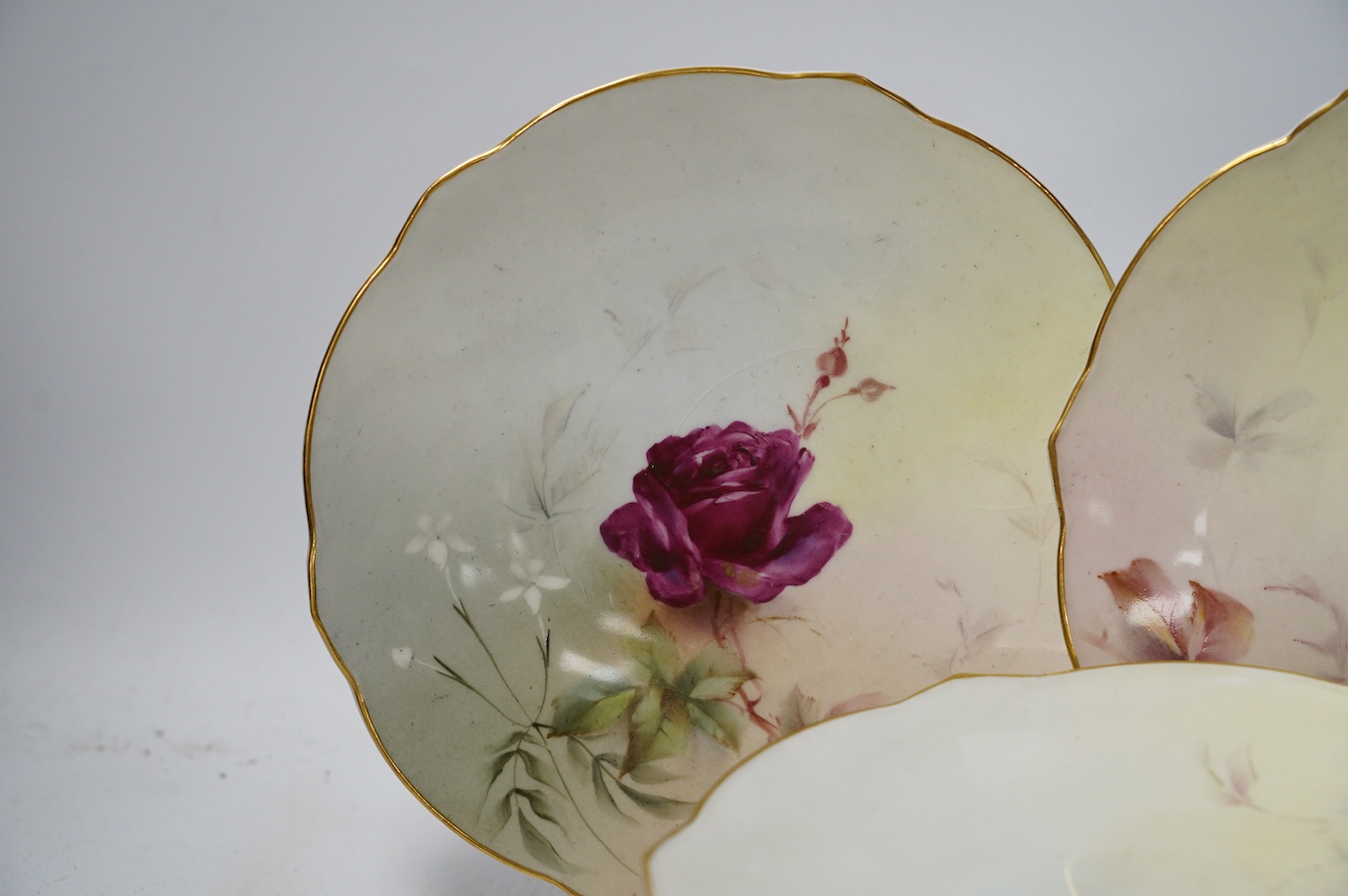 A set of ten Worcester floral cabinet plates, 20cm in diameter. Condition - fair, crazing